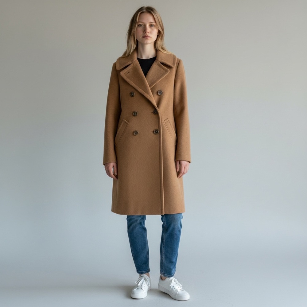 J crew camel double breasted wool coat